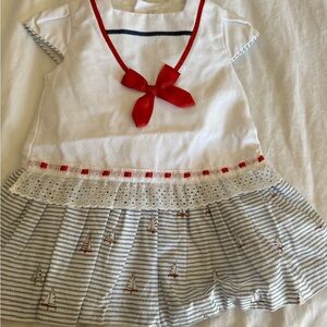 Girls White Nautical Dress with Red Bow